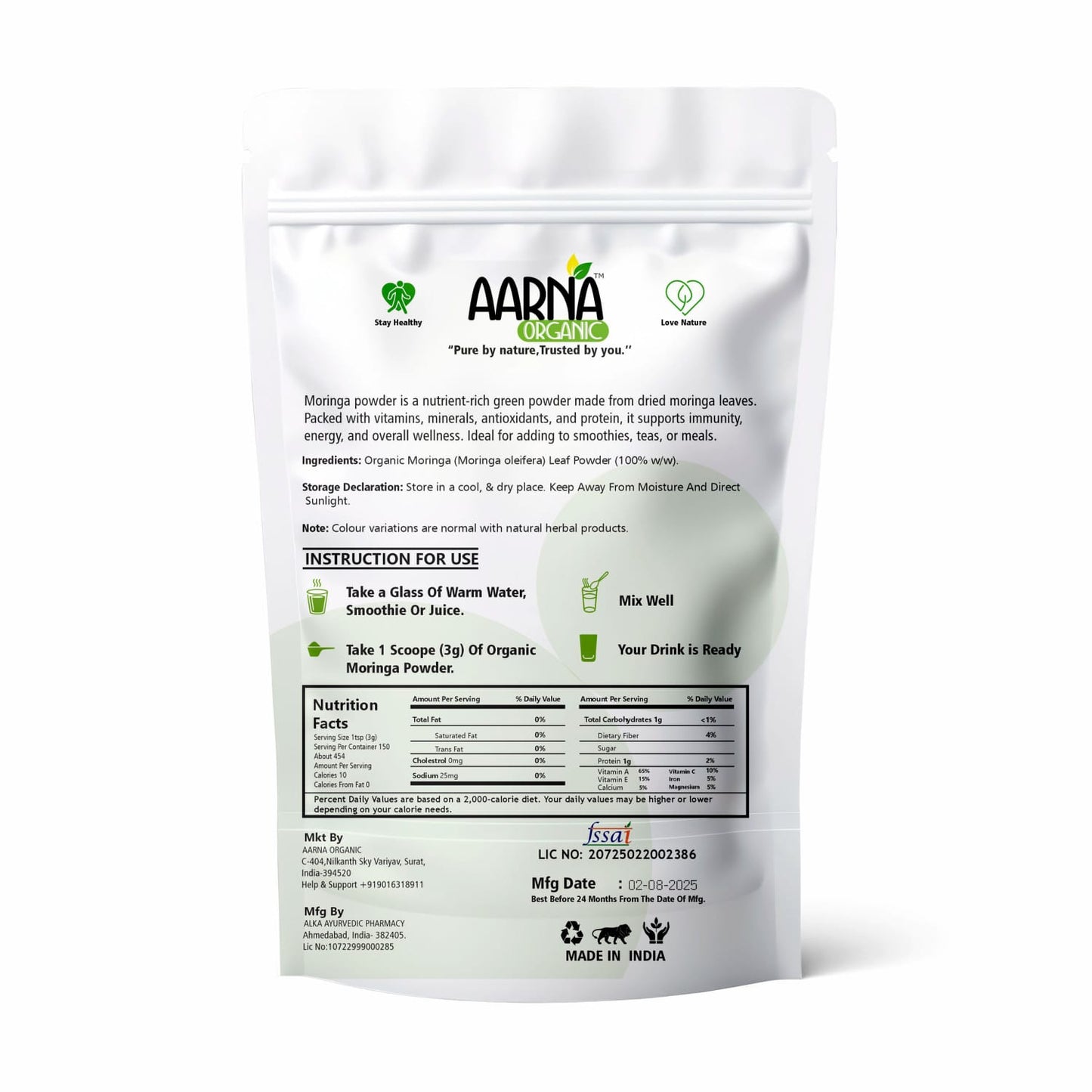 AARNA ORGANIC Ayurveda 100% Moringa Leaf Powder | Herbal Supplement | 456g